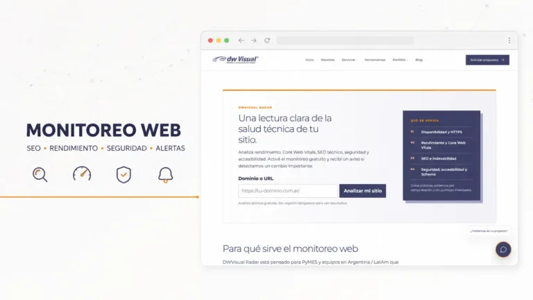 Panel técnico oscuro con indicadores de SEO, velocidad, UX y conversión
