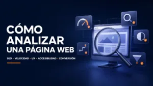 Panel técnico oscuro con indicadores de SEO, velocidad, UX y conversión