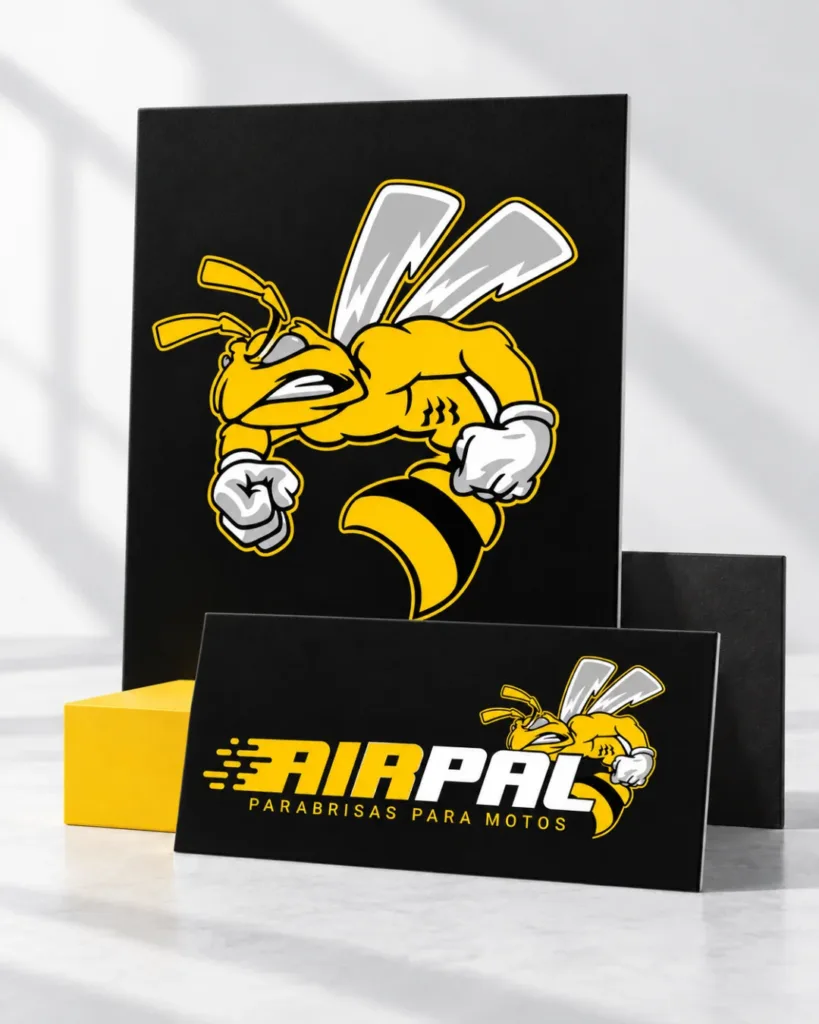 Rediseño de identidad AIRPAL: abeja y logotipo sobre soportes negros en un mockup de fondo blanco.