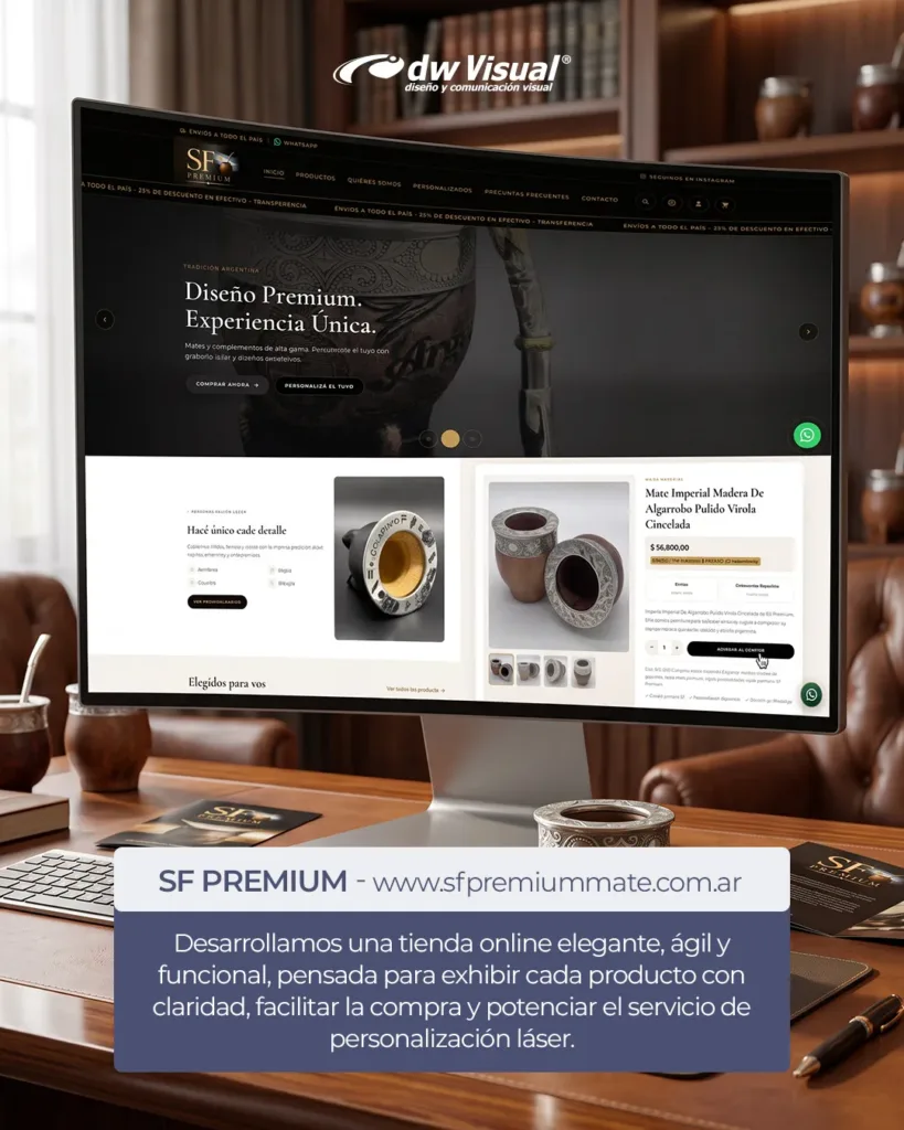 diseño de tienda online, tienda online WooCommerce, desarrollo ecommerce, diseño ecommerce, ecommerce Argentina, diseño web Rosario, desarrollo WordPress, WooCommerce, SF Premium, mates premium, ecommerce de mates, tienda de mates online, productos personalizados, personalización láser, experiencia de usuario, diseño responsive, posicionamiento SEO, catálogo de productos, DWVisual