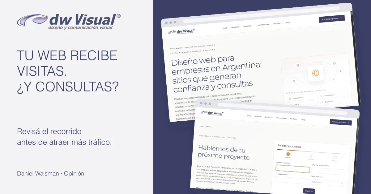 Diseño web corporativo y formulario de contacto de DWVisual, para analizar una web con visitas pero sin consultas.