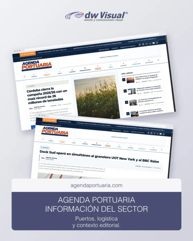 Rediseño de Agenda Portuaria: portada y noticia en una composición de DWVisual