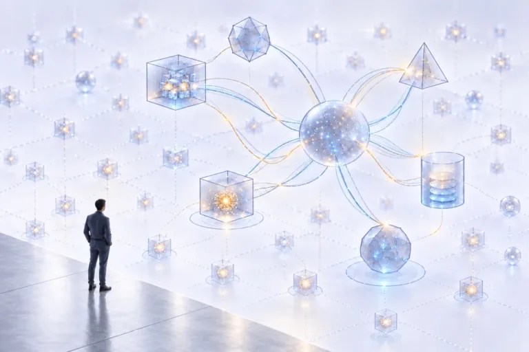 Red de agentes de inteligencia artificial conectados, con una persona observando sobre un fondo claro
