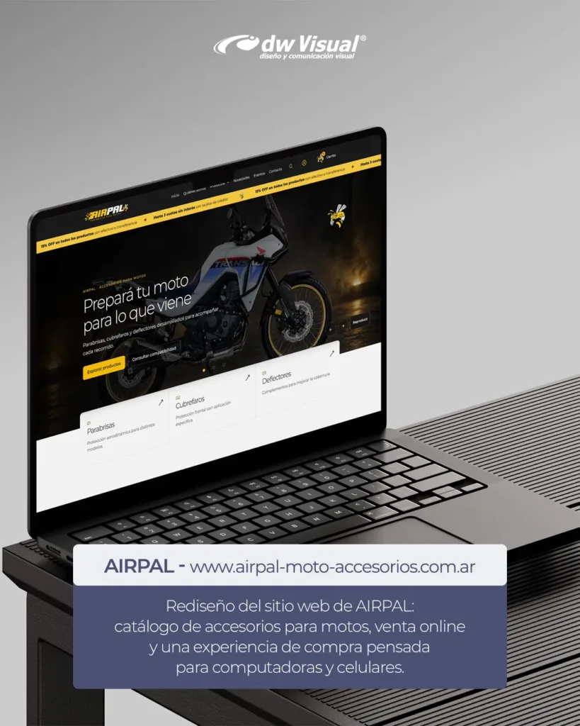 Rediseño web de AIRPAL: catálogo de accesorios para motos y venta online, presentado en una computadora portátil.