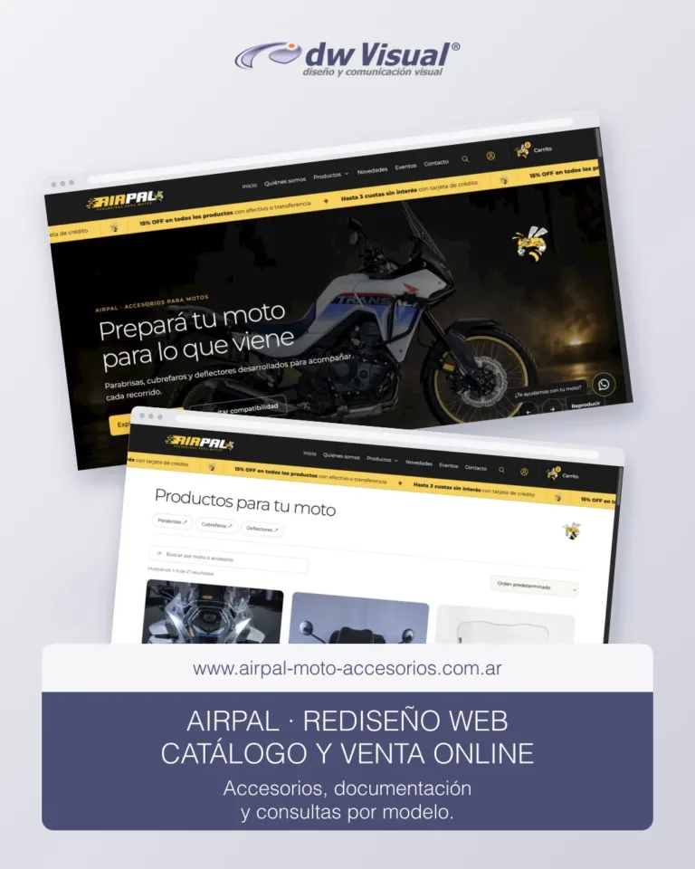Rediseño web de AIRPAL por DWVisual: portada y catálogo de accesorios para motos.