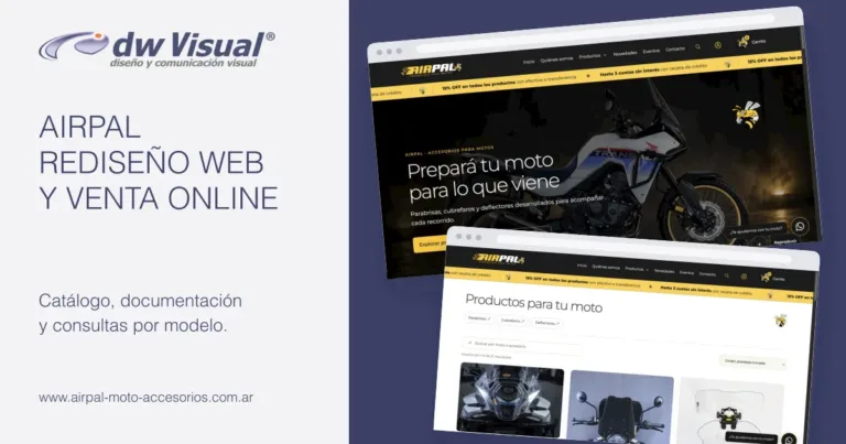 Rediseño web de AIRPAL por DWVisual: portada y catálogo de accesorios para motos.