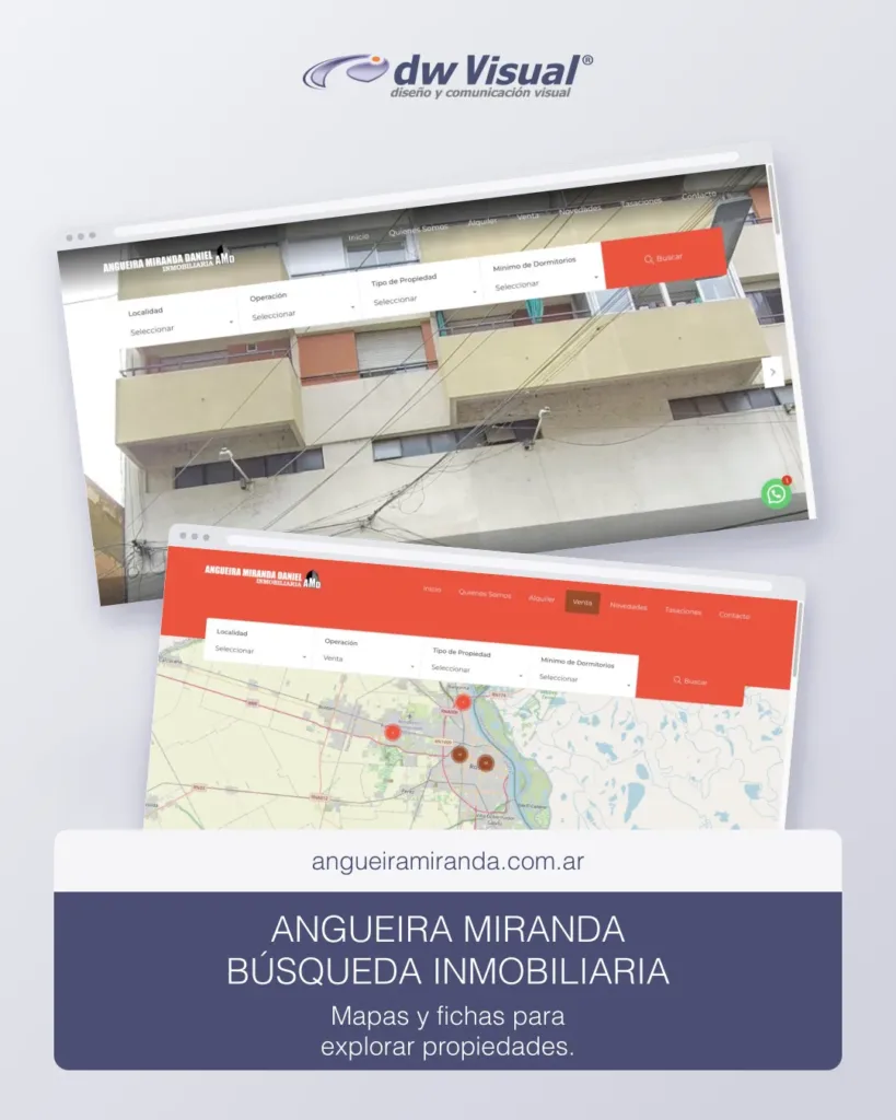 Rediseño de Angueira Miranda: pantallas reales del sitio en una composición de DWVisual