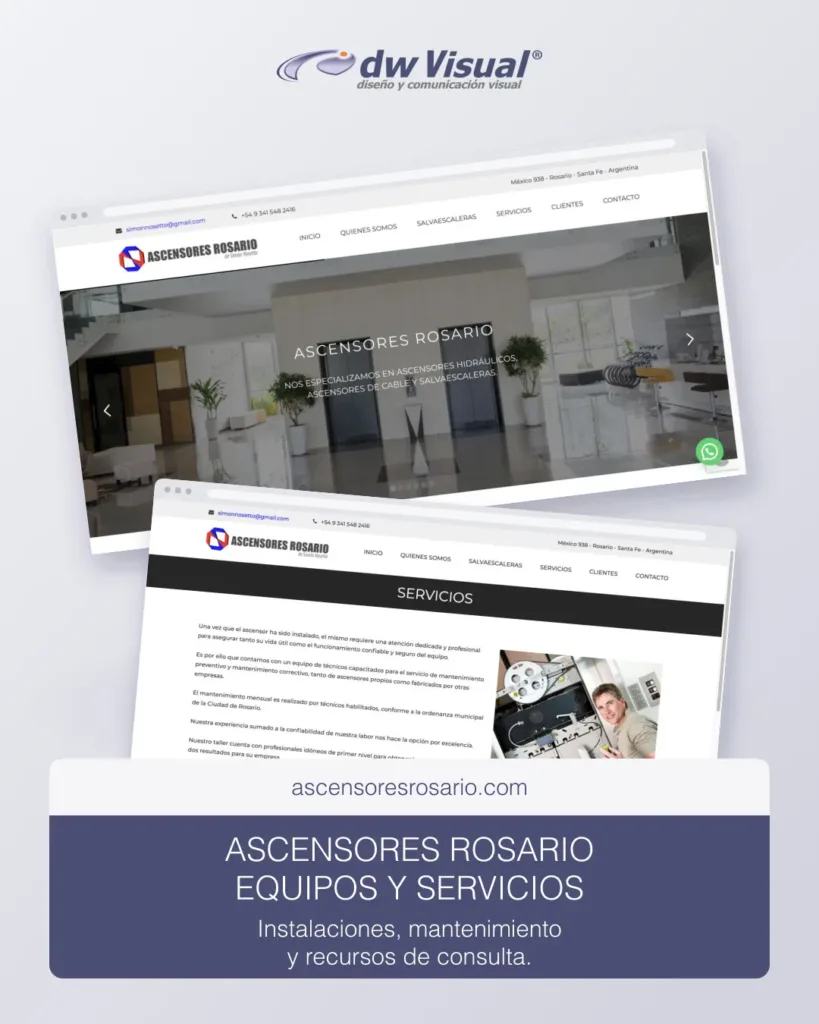 Rediseño de Ascensores Rosario: pantallas reales del sitio en una composición de DWVisual