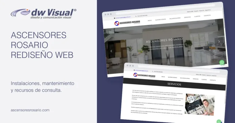 Rediseño de Ascensores Rosario: pantallas reales del sitio en una composición de DWVisual
