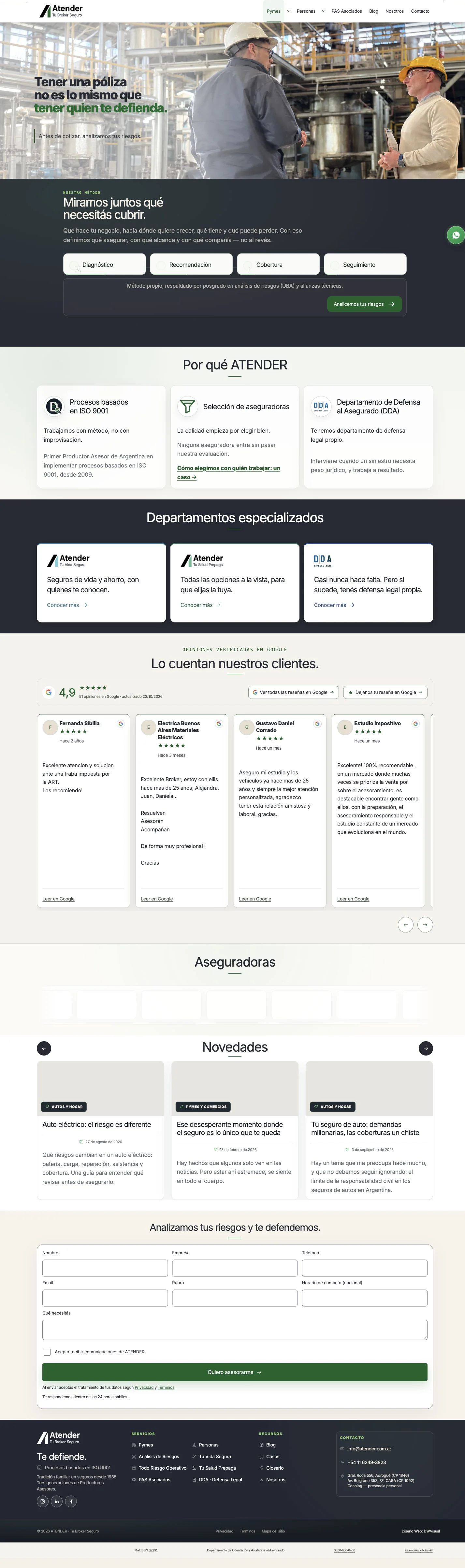 Página de inicio de ATENDER, captura completa de escritorio