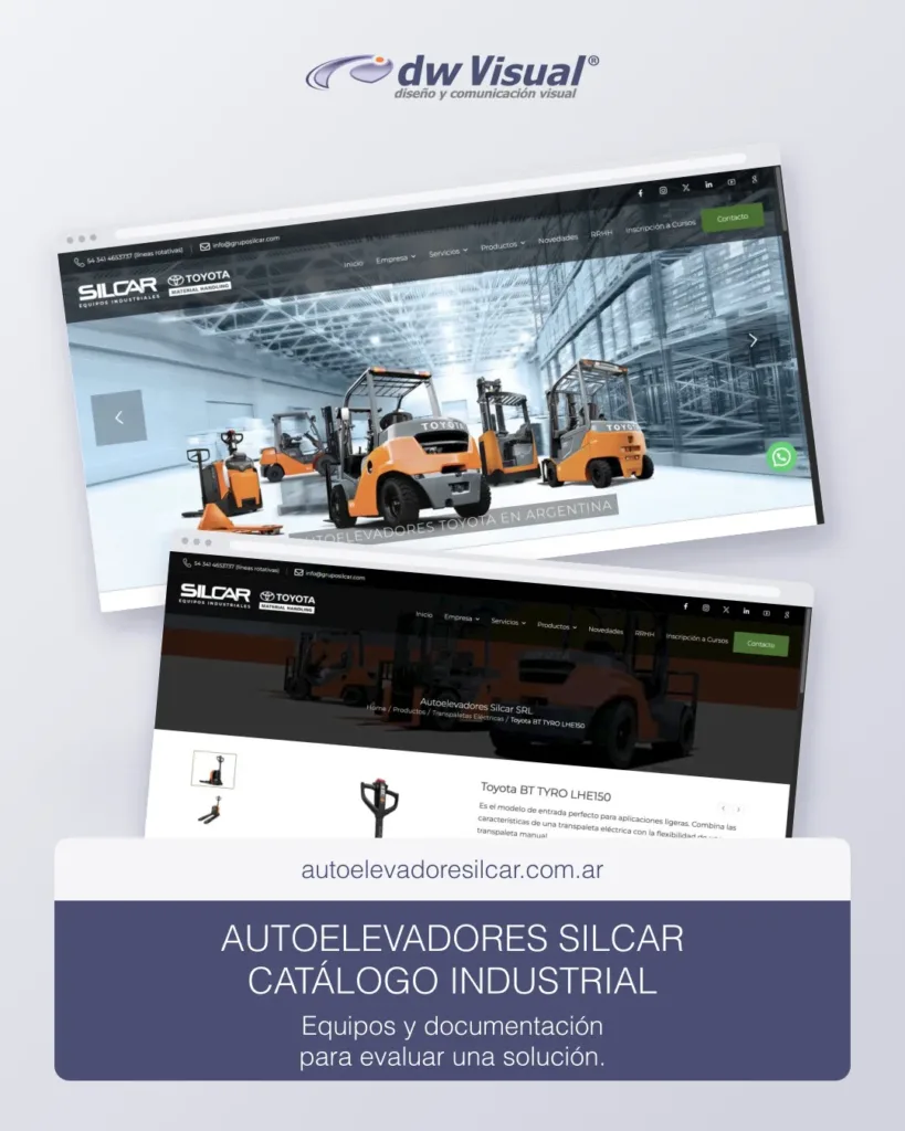 Rediseño web de Autoelevadores Silcar: portada Toyota y ficha de equipo, trabajo de DWVisual