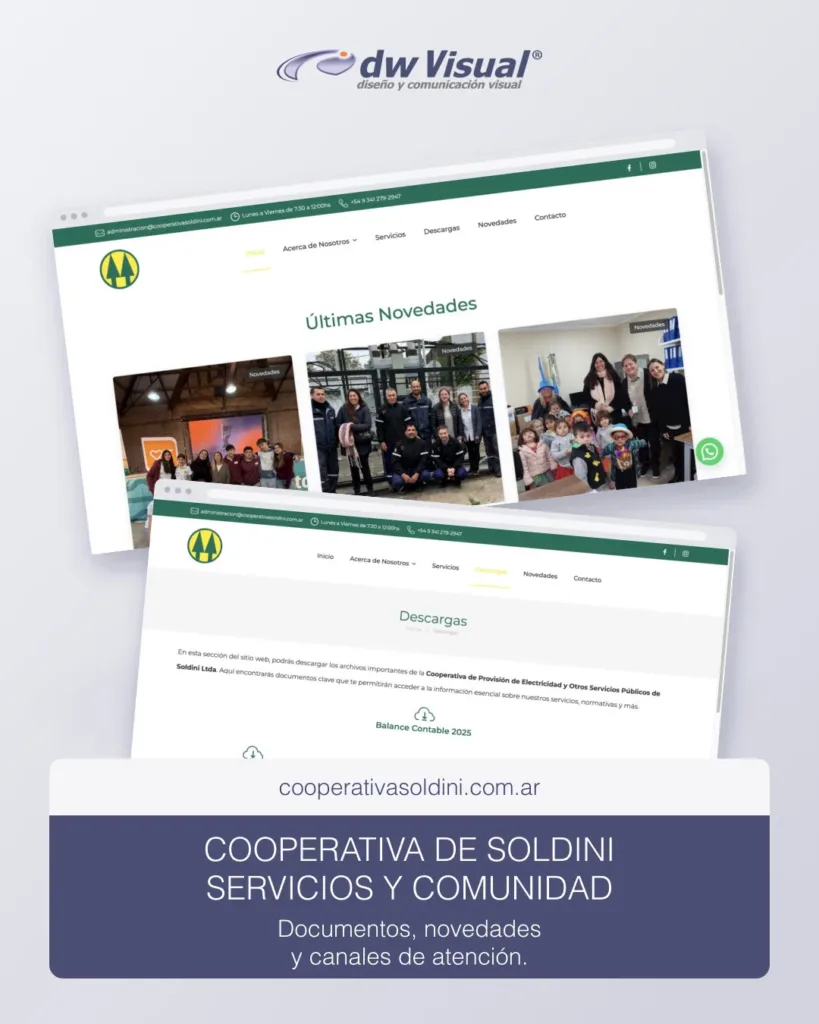 Rediseño de Cooperativa de Soldini: pantallas reales del sitio en una composición de DWVisual
