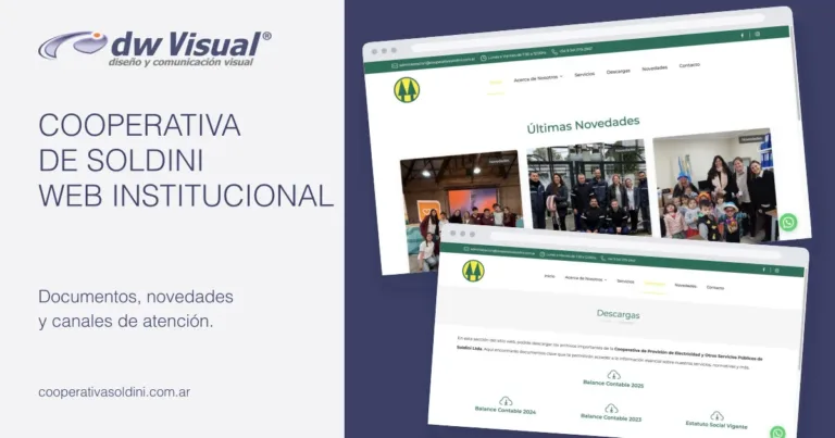 Rediseño de Cooperativa de Soldini: pantallas reales del sitio en una composición de DWVisual