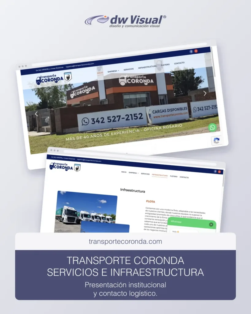 Rediseño de Transporte Coronda: servicios e infraestructura logística en una composición de DWVisual.