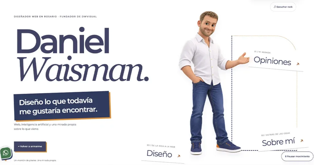 Sitio personal de Daniel Waisman: portada con su avatar y accesos a opiniones, diseño y presentación personal.