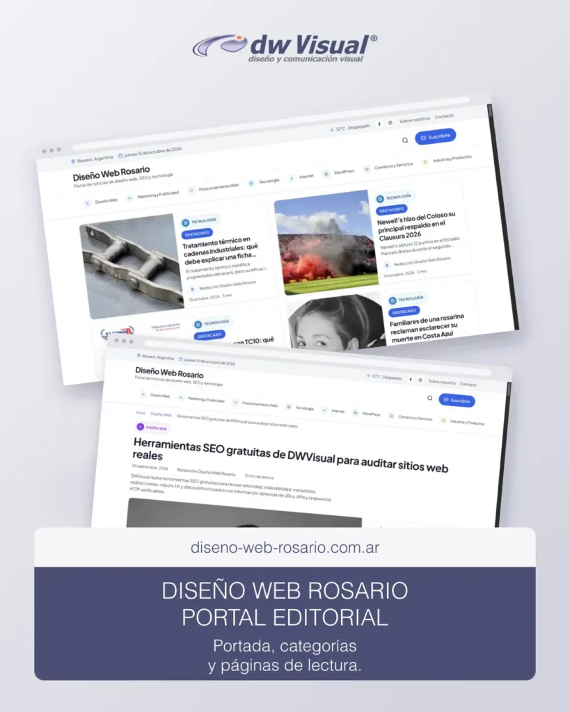 Portal Diseño Web Rosario: portada y noticia en una composición de DWVisual