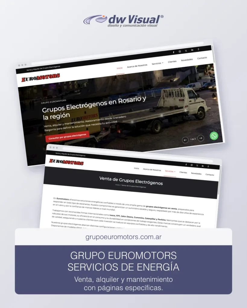 Rediseño de Grupo EuroMotors: pantallas reales del sitio en una composición de DWVisual