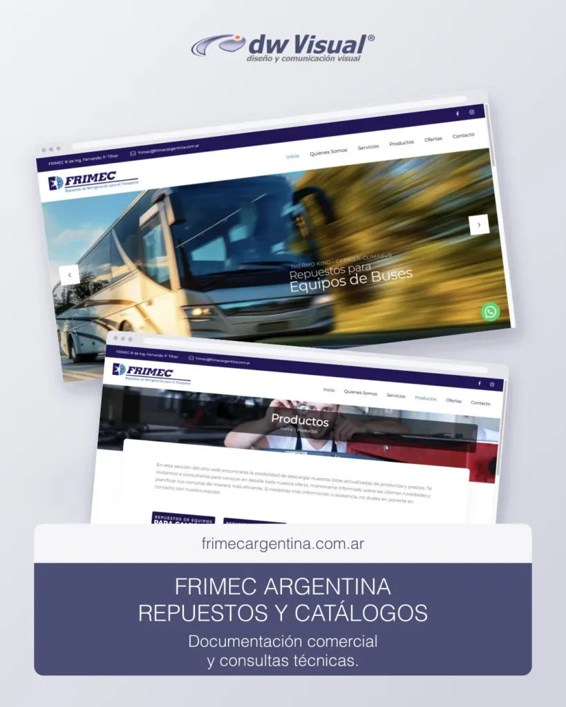 Rediseño de Frimec Argentina: pantallas reales del sitio en una composición de DWVisual