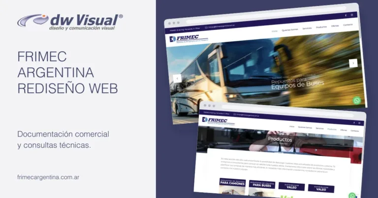 Rediseño de Frimec Argentina: pantallas reales del sitio en una composición de DWVisual