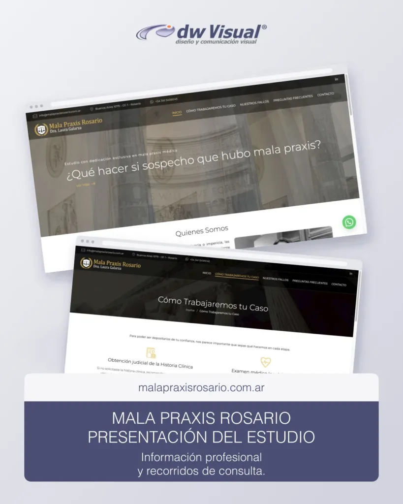 Rediseño de Mala Praxis Rosario: pantallas reales del sitio en una composición de DWVisual