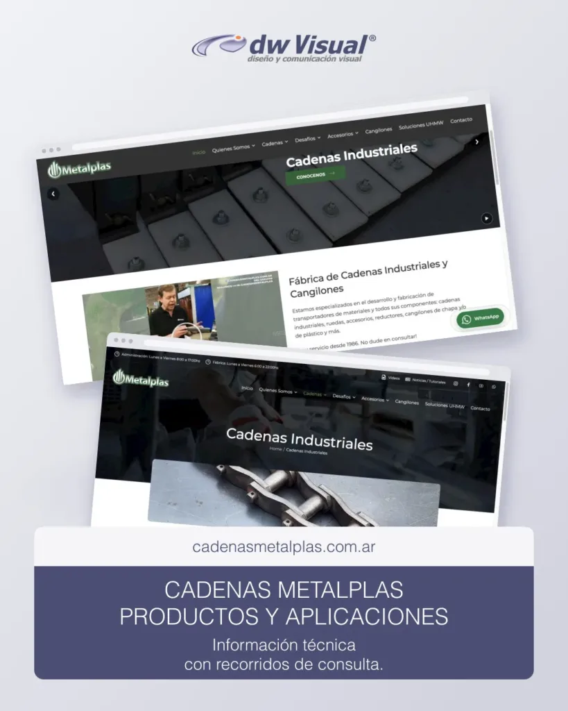 Rediseño de Cadenas Metalplas: pantallas reales del sitio en una composición de DWVisual
