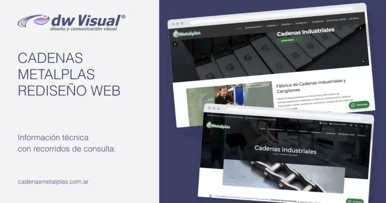 Rediseño de Cadenas Metalplas: pantallas reales del sitio en una composición de DWVisual