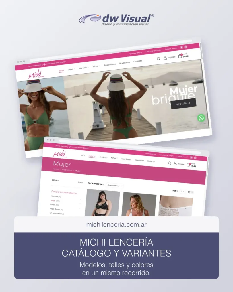 Rediseño de Michi Lencería: pantallas reales del sitio en una composición de DWVisual