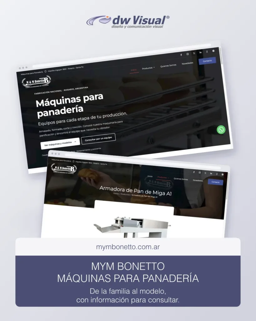 Rediseño de MYM Bonetto: pantallas reales del sitio en una composición de DWVisual