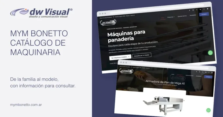 Rediseño de MYM Bonetto: pantallas reales del sitio en una composición de DWVisual
