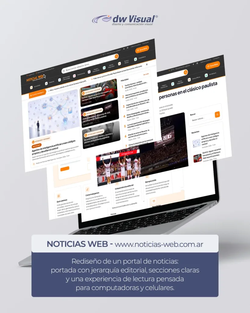 Mockup del rediseño de Noticias Web con su portada, una noticia y la página de contacto sobre una computadora portátil.