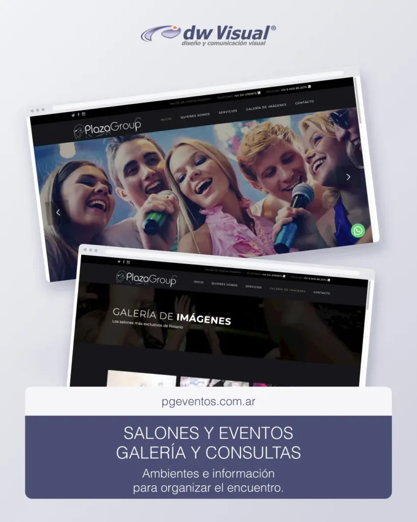 Rediseño de PG Eventos: portada y galería de salones en una composición de DWVisual.