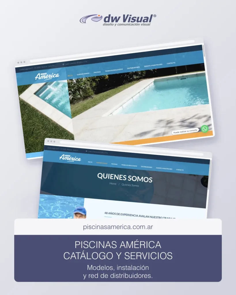 Rediseño de Piscinas América: líneas de piscinas e información de la empresa en una composición de DWVisual.