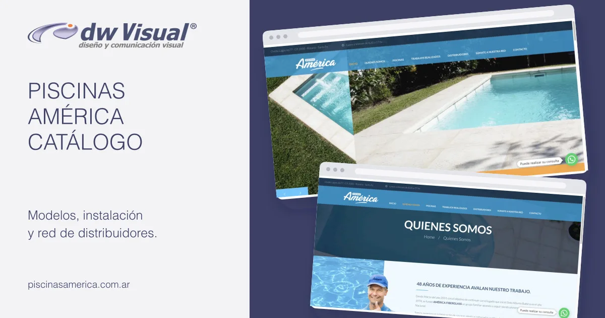 Rediseño de piscinas américa: pantallas reales del sitio en una composición de DWVisual.