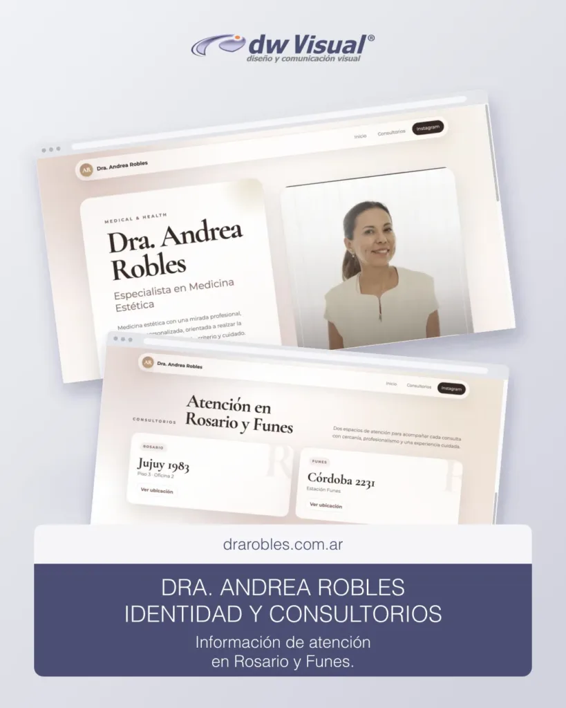 Rediseño web de Andrea Robles: pantallas reales del sitio en una composición de DWVisual