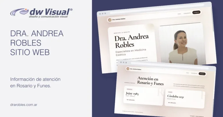 Rediseño web de Andrea Robles: pantallas reales del sitio en una composición de DWVisual
