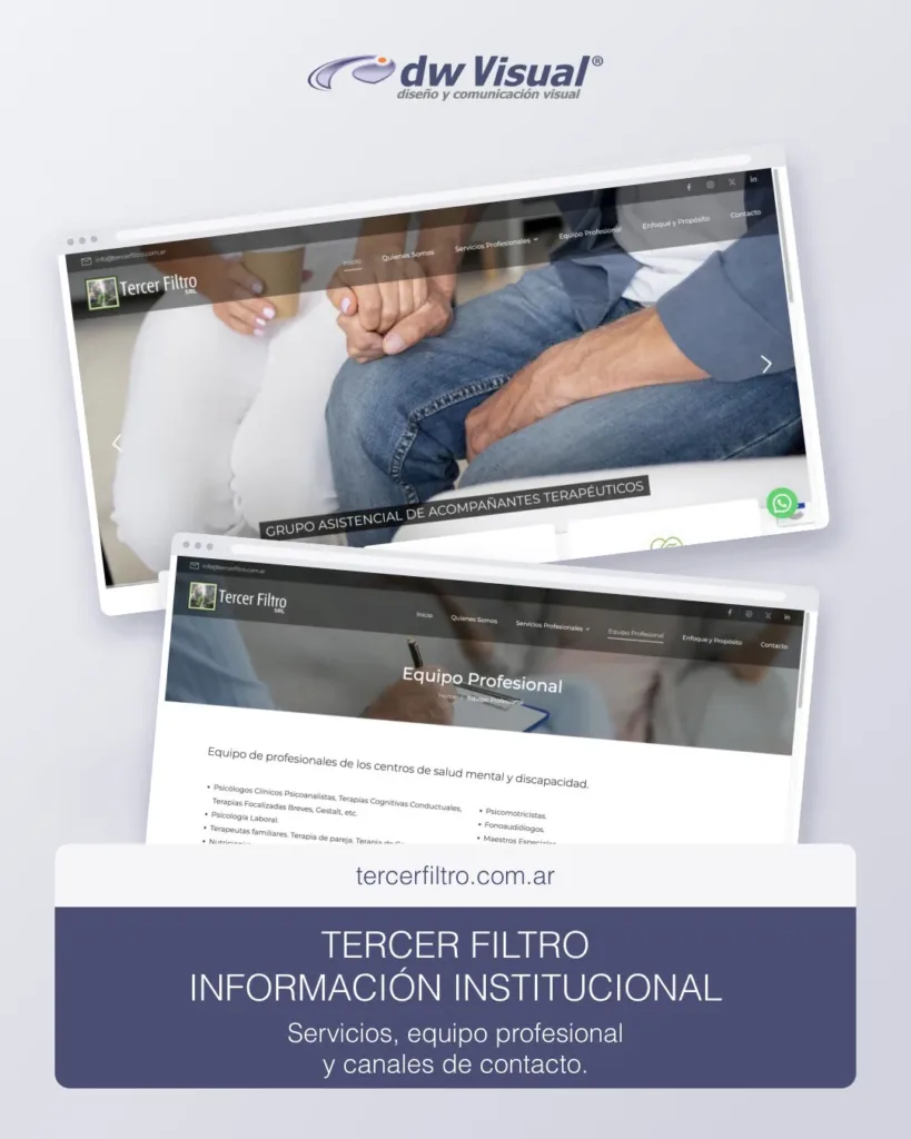 Rediseño de Tercer Filtro: presentación institucional y equipo profesional en una composición de DWVisual.