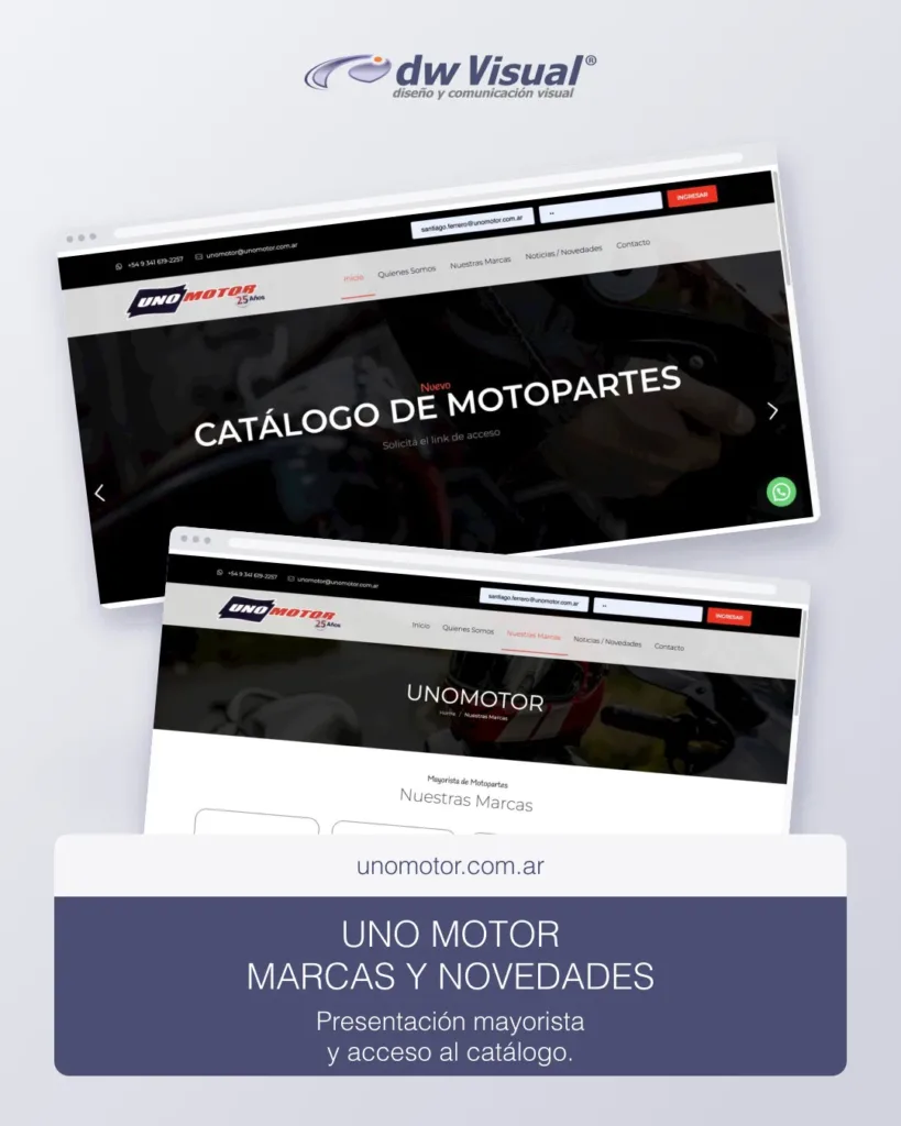 Rediseño de Uno Motor: marcas y novedades de motopartes en una composición de DWVisual.