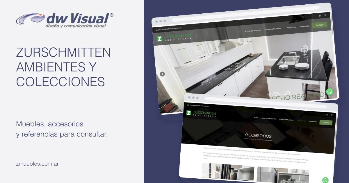 Rediseño de zurschmitten: pantallas reales del sitio en una composición de DWVisual.